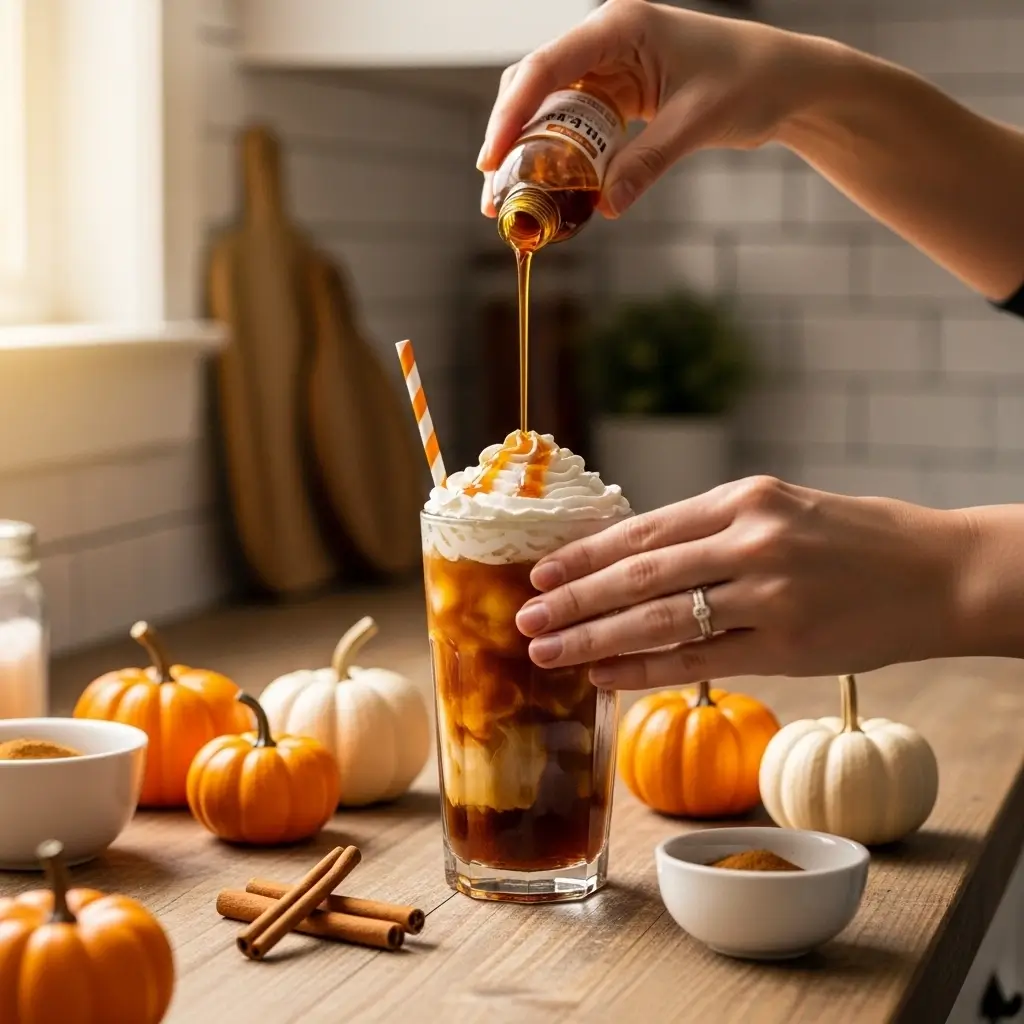 Making a Dunkin-style pumpkin spice latte at home with pumpkin spice syrup, whipped cream, and cinnamon sticks on a wooden countertop