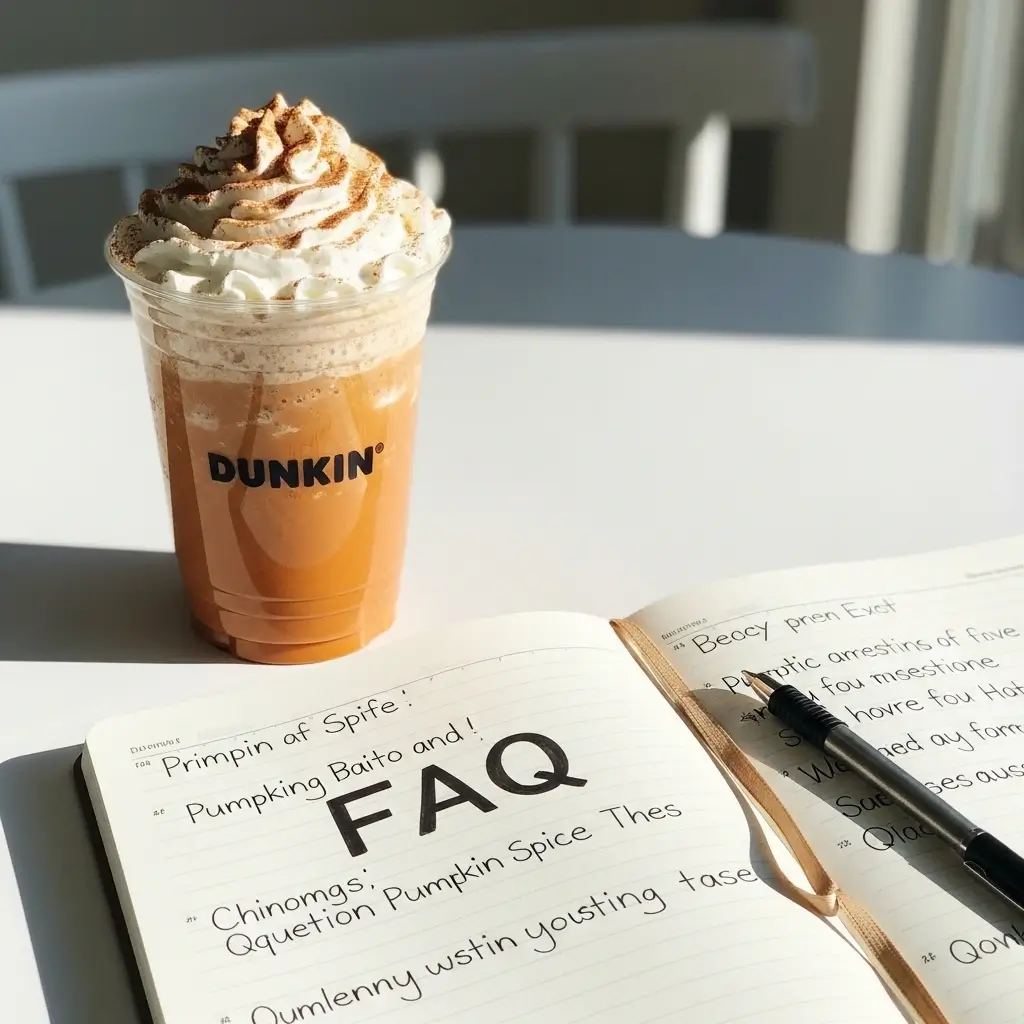 Dunkin pumpkin spice latte with whipped cream next to an open notebook with coffee questions on a white table