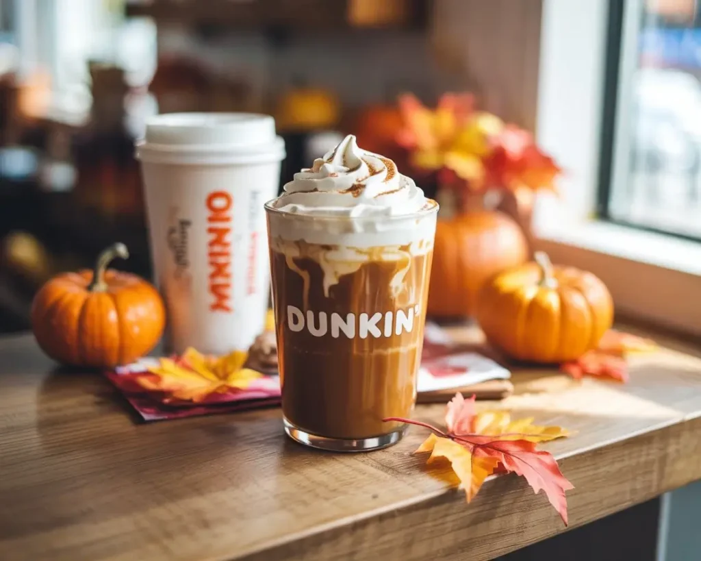 Assorted Dunkin pumpkin drinks for fall 2025 displayed with autumn décor and warm lighting.