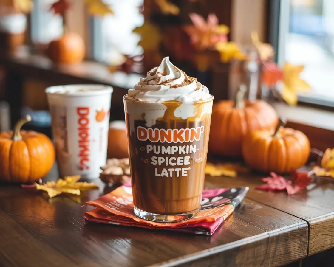 Dunkin iced pumpkin spice latte with fall décor and autumn sunlight