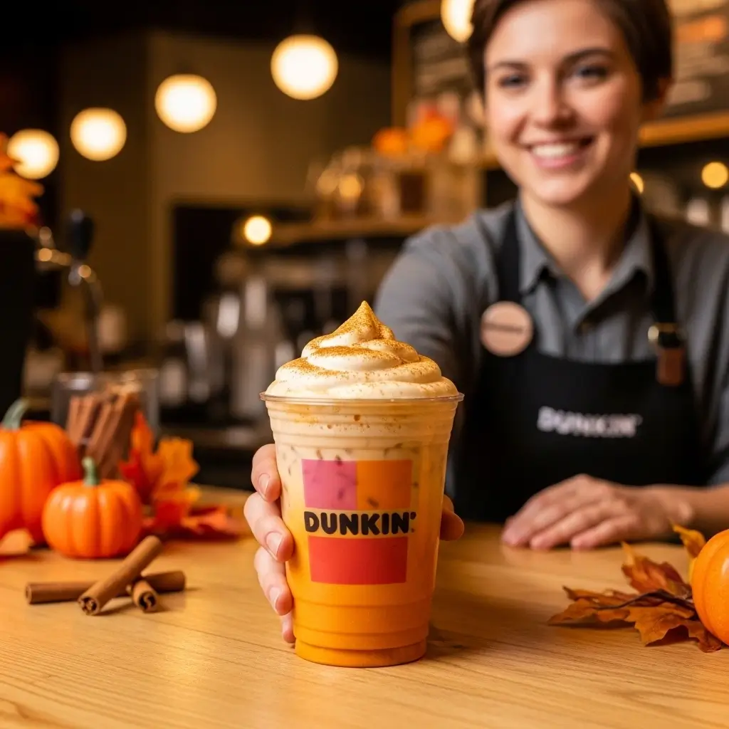 Barista serving a Dunkin pumpkin spice latte with autumn décor