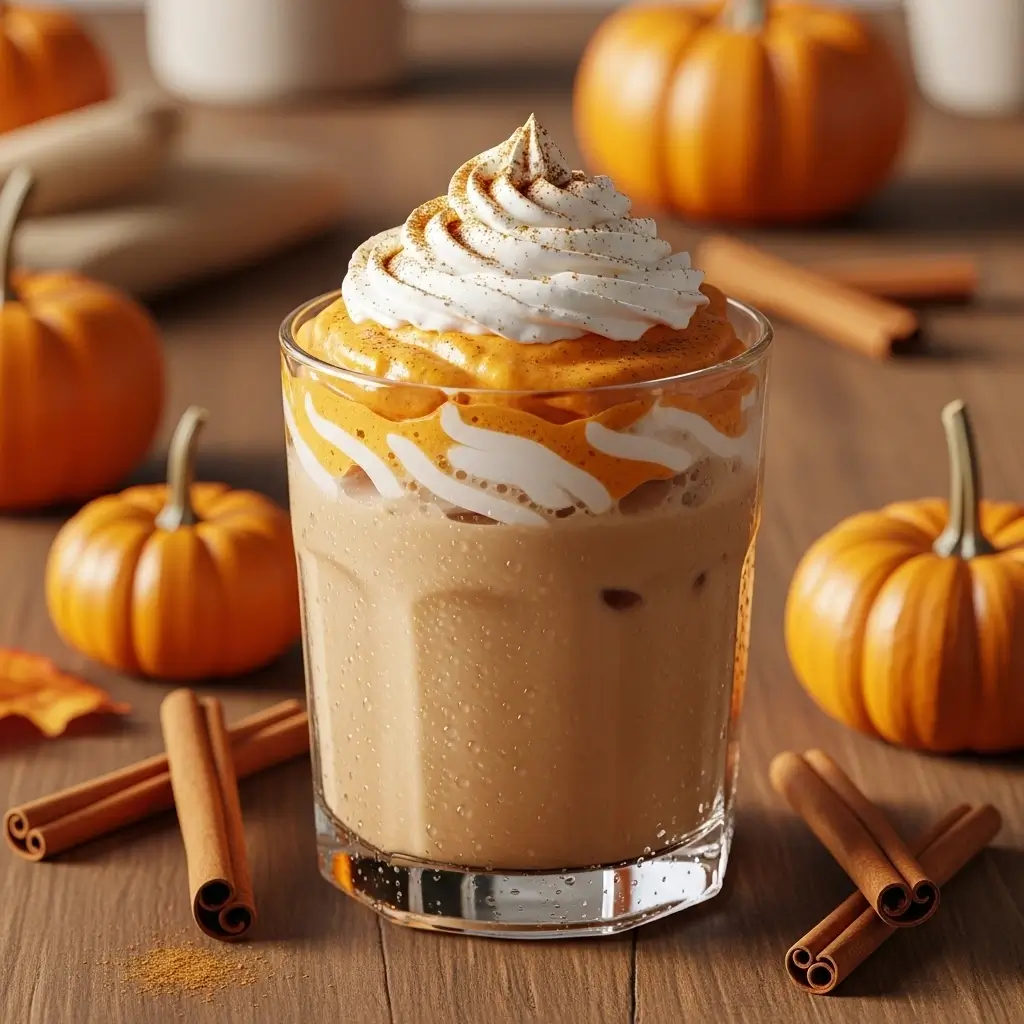 Homemade Dunkin-style iced pumpkin spice latte with cinnamon and pumpkins