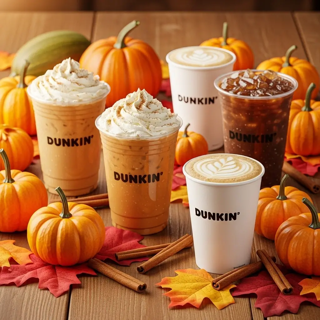 Assortment of Dunkin pumpkin spice drinks with fall décor.