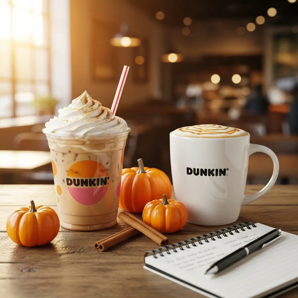 Dunkin pumpkin spice drinks with seasonal décor and notepad.