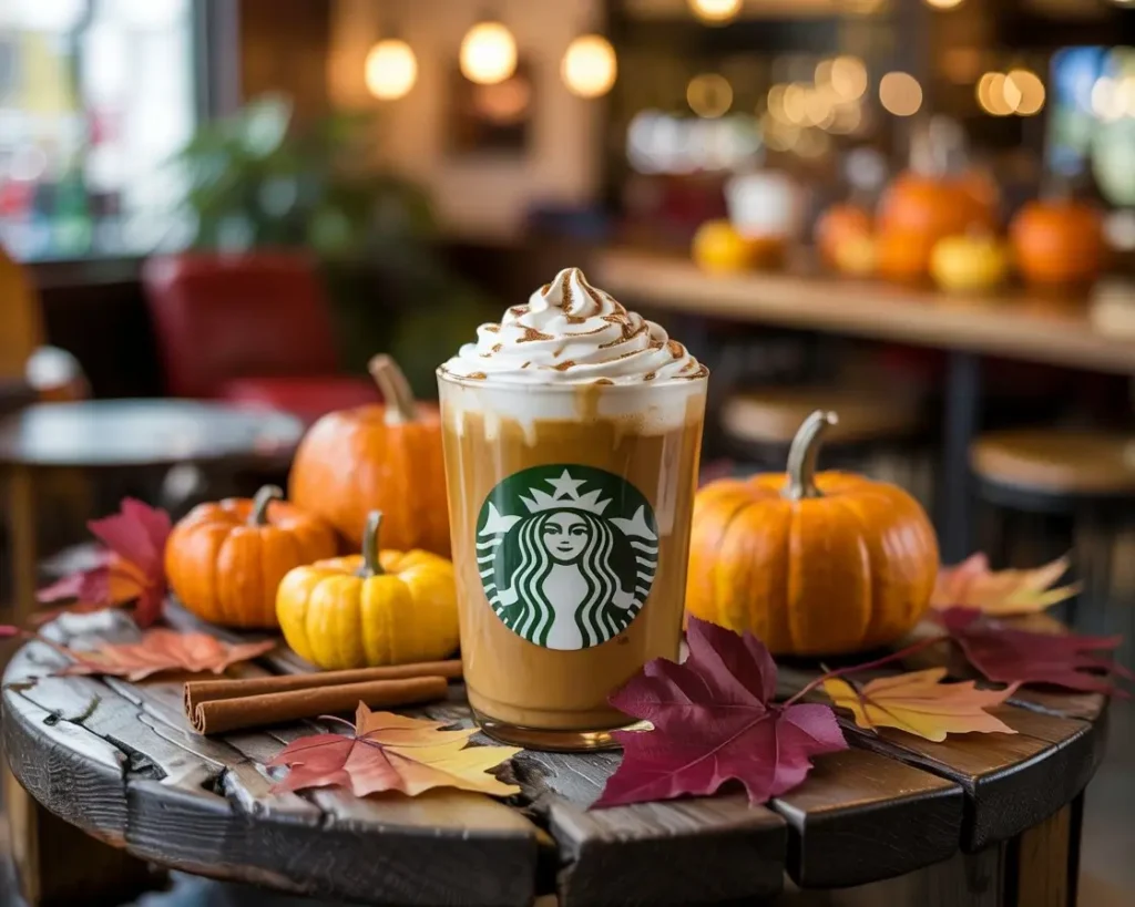 Starbucks pumpkin spice latte surrounded by fall décor.