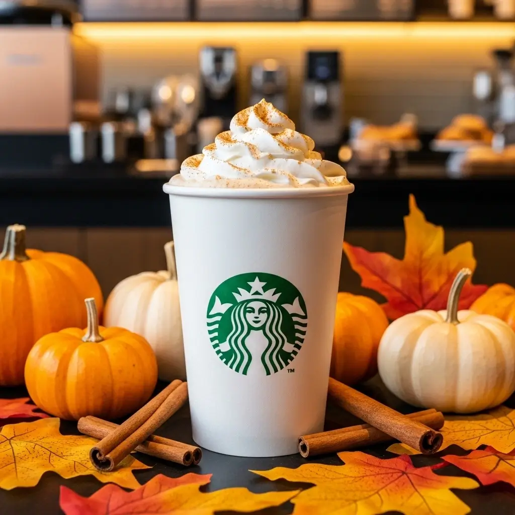 Starbucks pumpkin spice latte with autumn decorations.