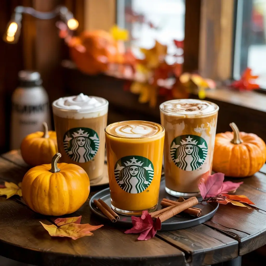 Assortment of Starbucks pumpkin drinks with autumn décor
