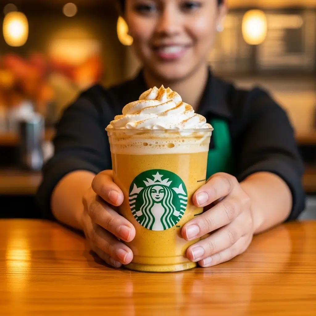 Starbucks barista serving a pumpkin spice latte with whipped cream and spice topping