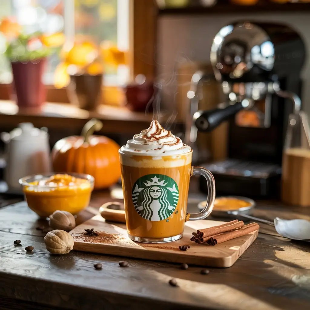 Homemade pumpkin spice latte with whipped cream and spices on a kitchen counter