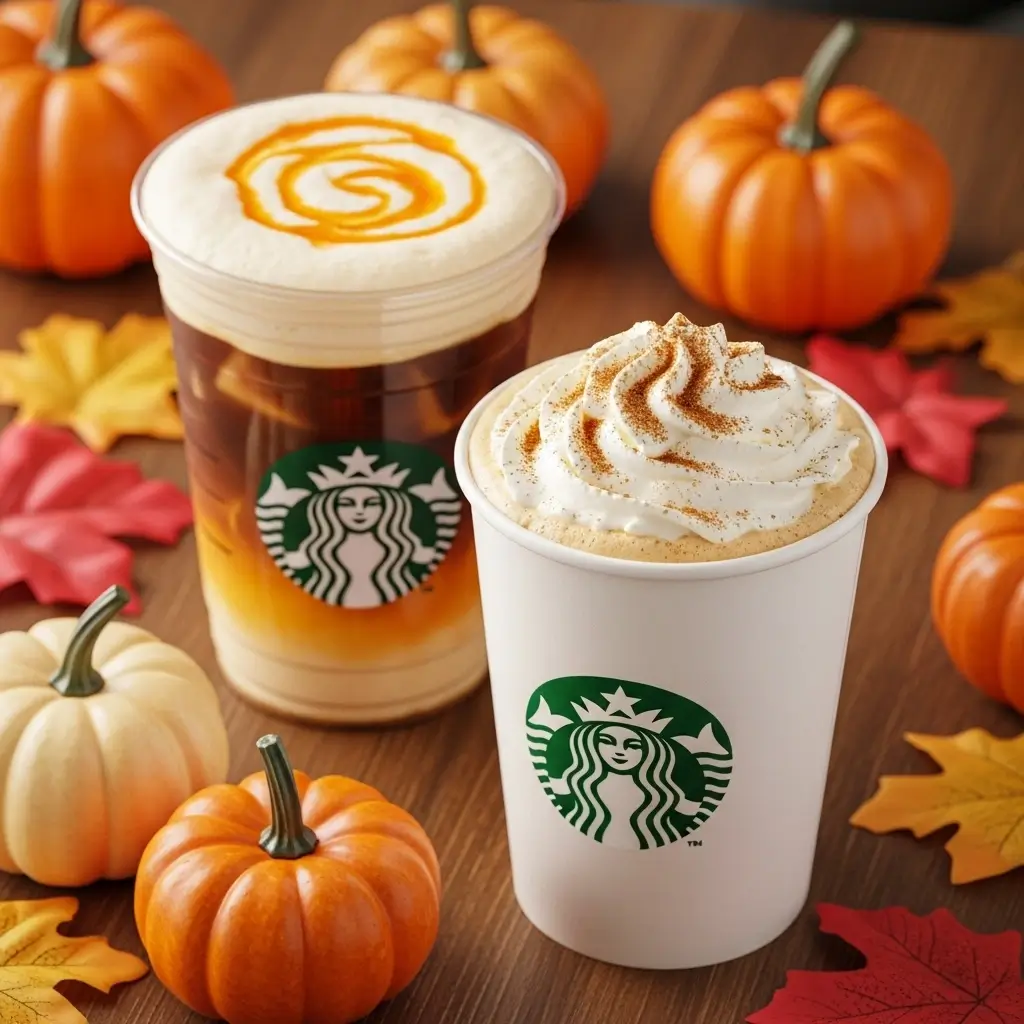 Starbucks pumpkin drinks surrounded by pumpkins and autumn leaves.
