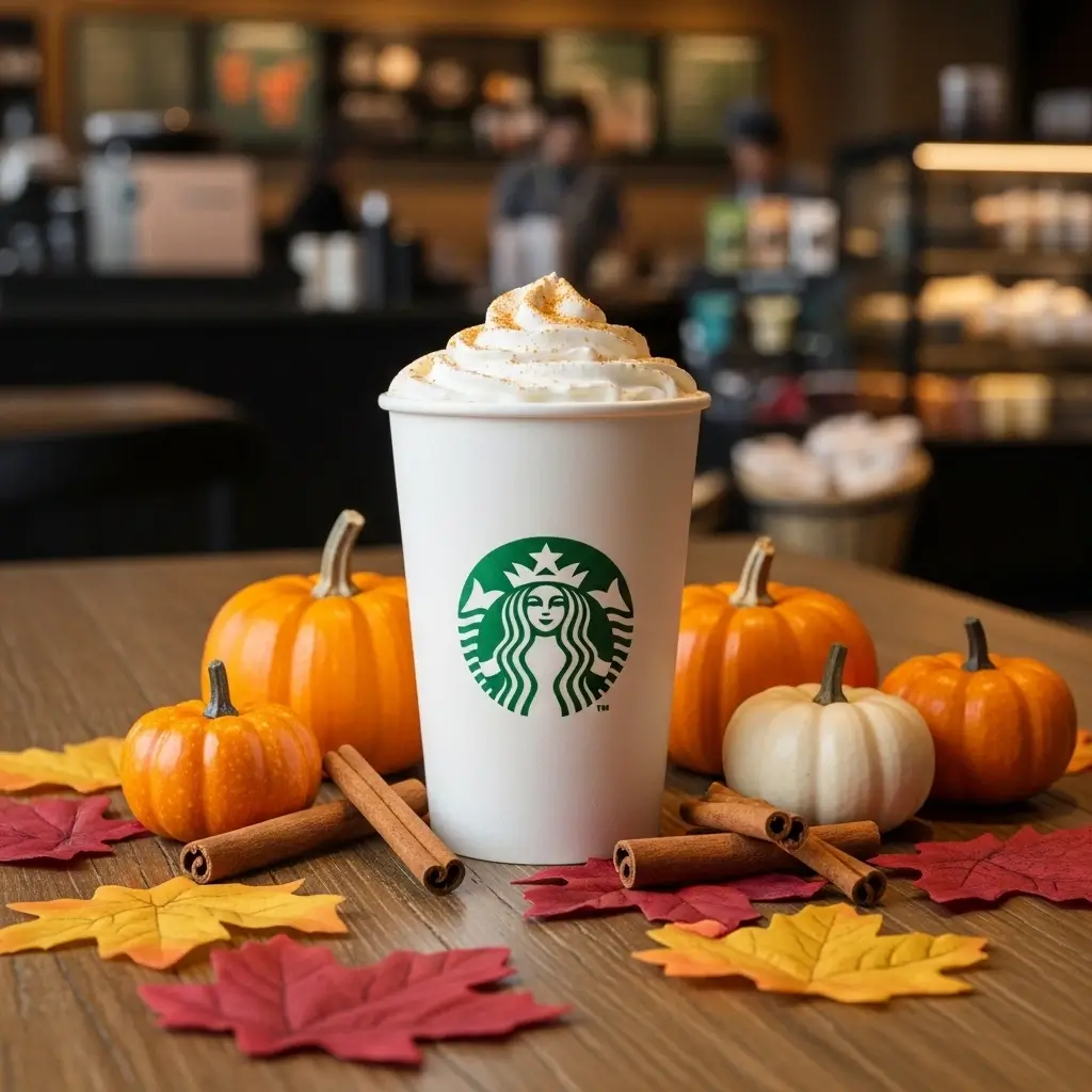 Starbucks pumpkin spice latte with fall decorations in a café setting
