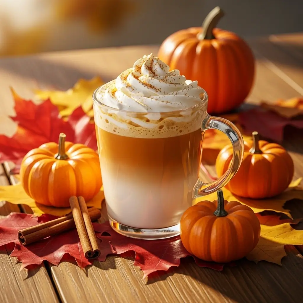 Starbucks pumpkin spice latte surrounded by autumn leaves, cinnamon sticks, and pumpkins