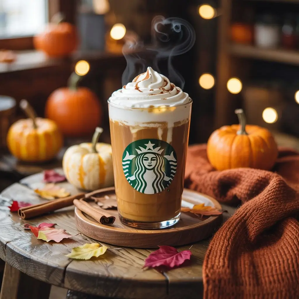 Steaming Starbucks pumpkin spice latte with autumn décor and cozy elements.