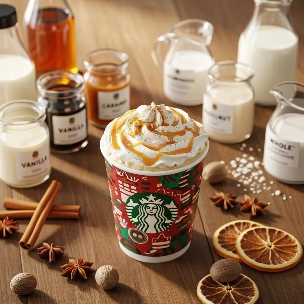 Starbucks pumpkin spice latte with whipped cream and customization options on a wooden table
