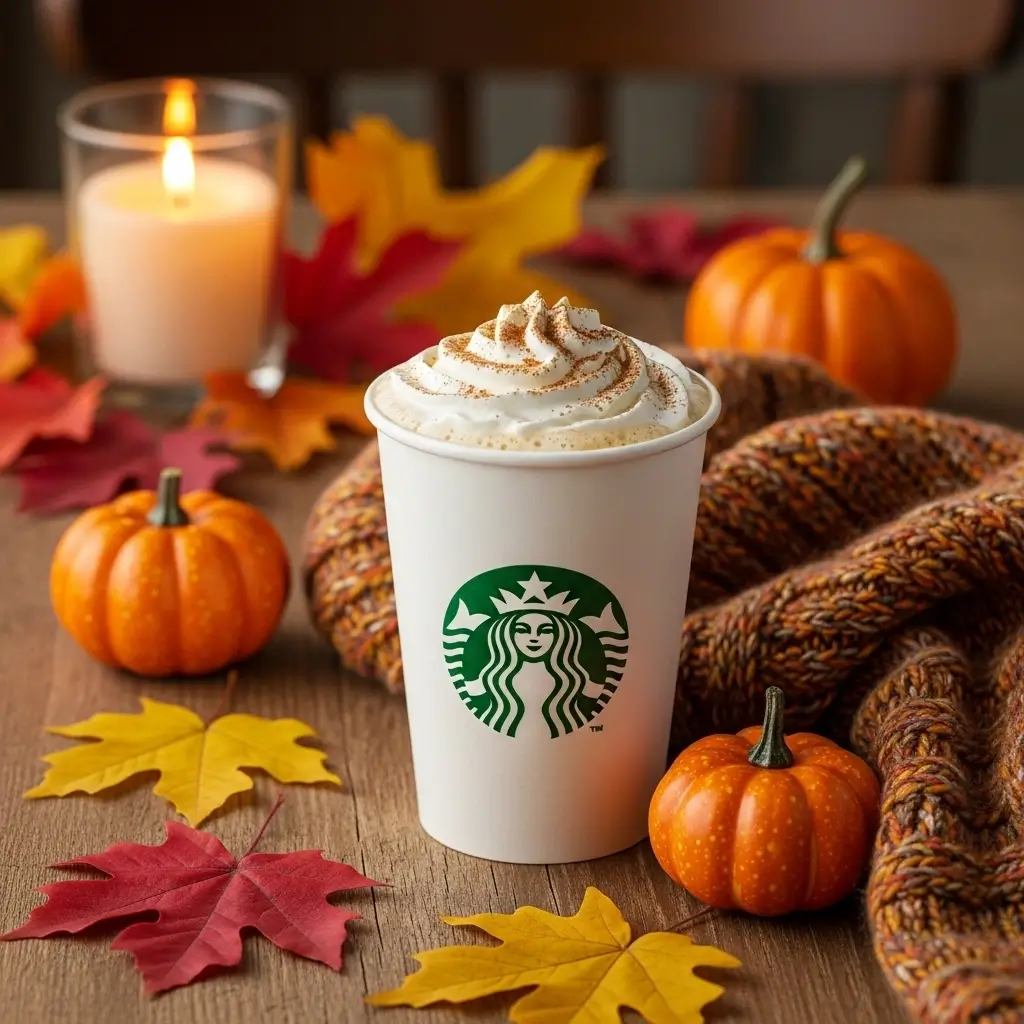 Starbucks pumpkin spice latte with autumn décor and cozy fall elements