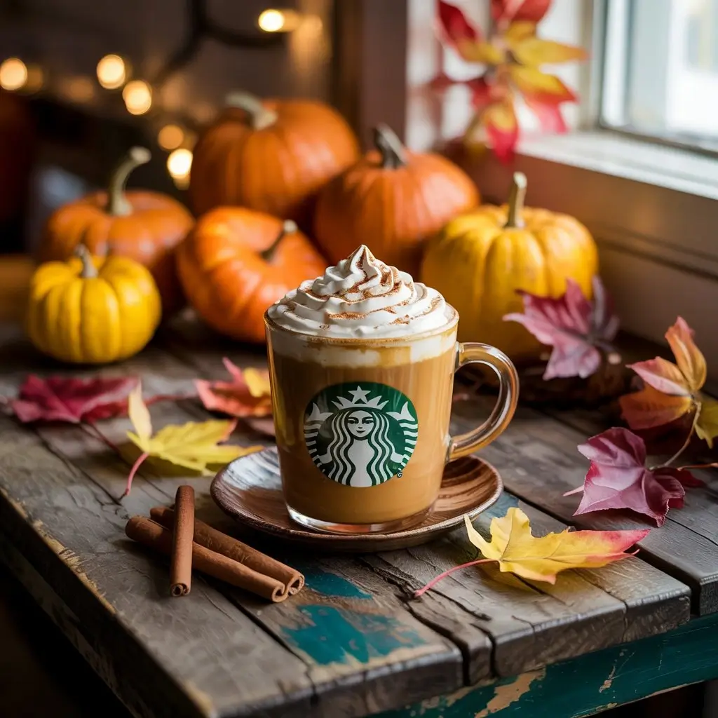 Overhead view of a Starbucks pumpkin spice latte with autumn décor, styled for Instagram