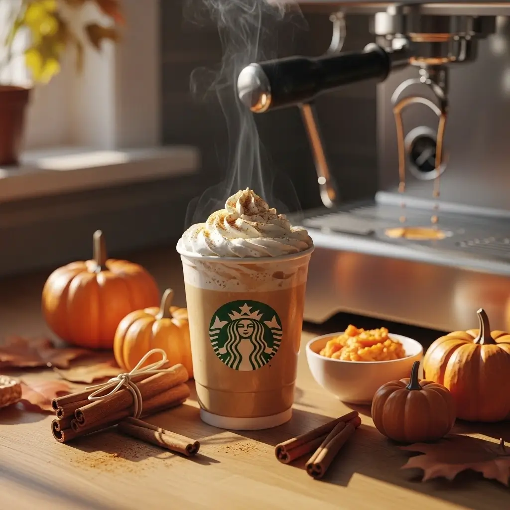 Homemade Starbucks-style pumpkin spice latte with whipped cream and fall spices on a kitchen counter