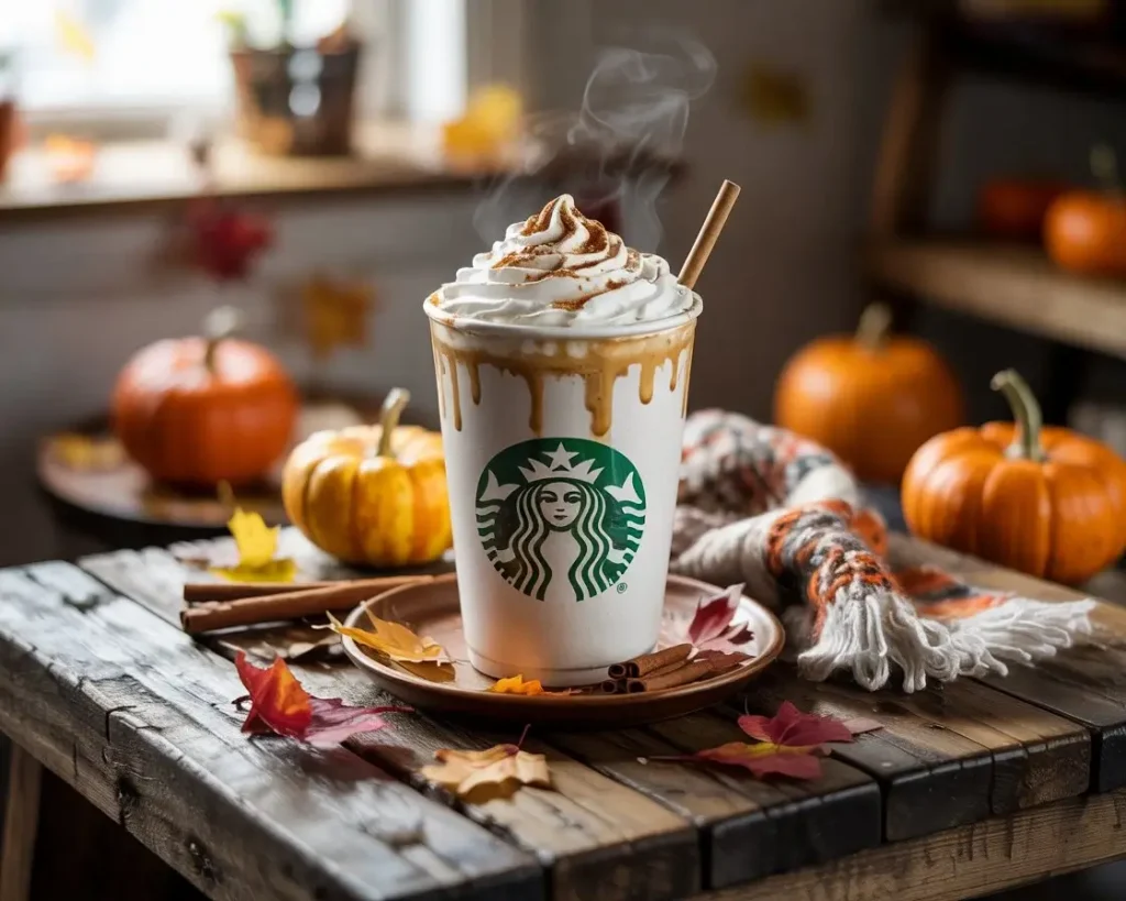 Starbucks pumpkin chai latte with whipped cream, surrounded by autumn décor and cinnamon sticks