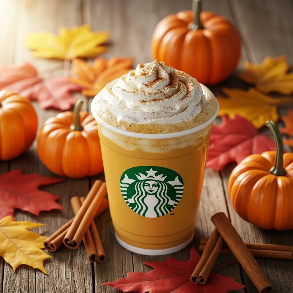 Pumpkin spice latte with whipped cream and autumn décor on a wooden table.