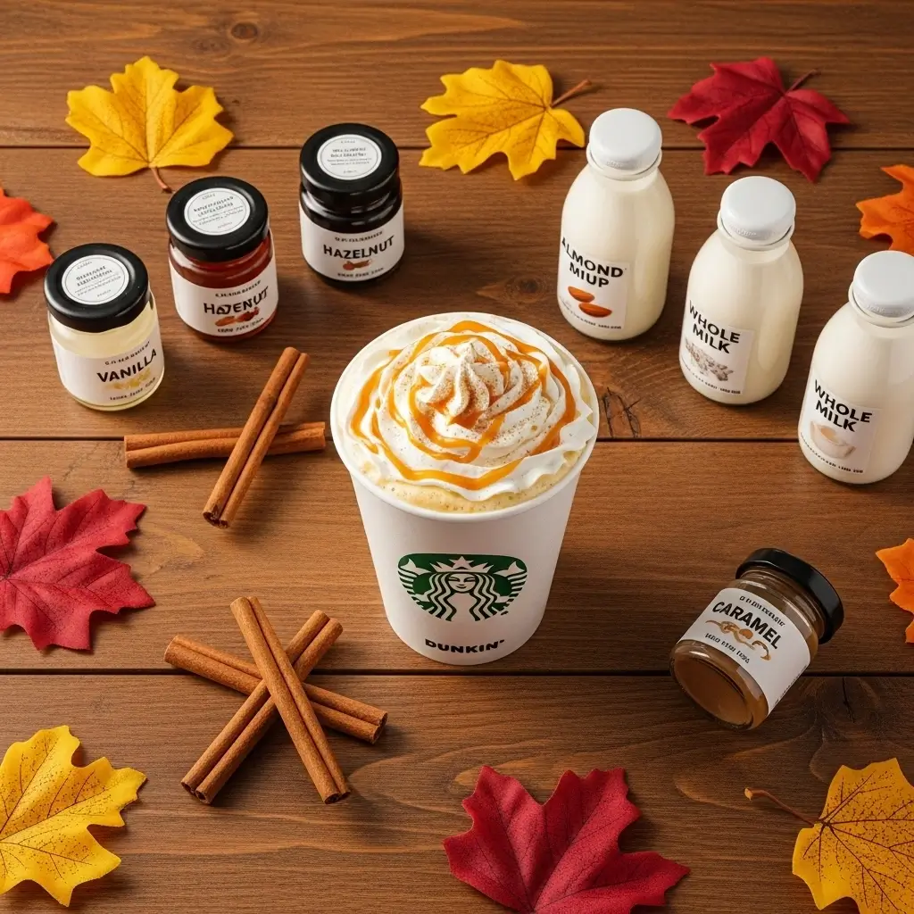 Pumpkin spice latte with customization options like syrups and milk on a wooden table.