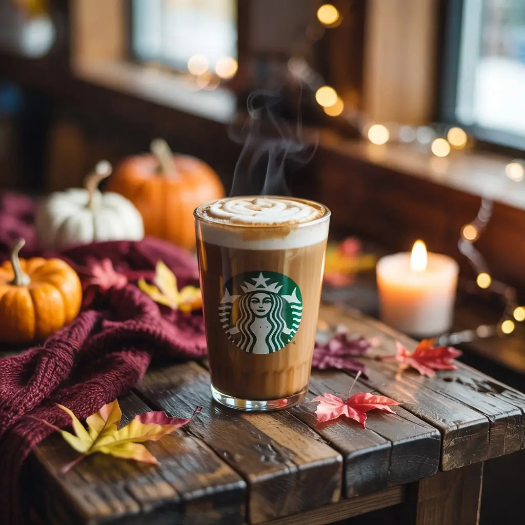 Steaming pumpkin spice latte with autumn décor, cozy scarf, and candlelight