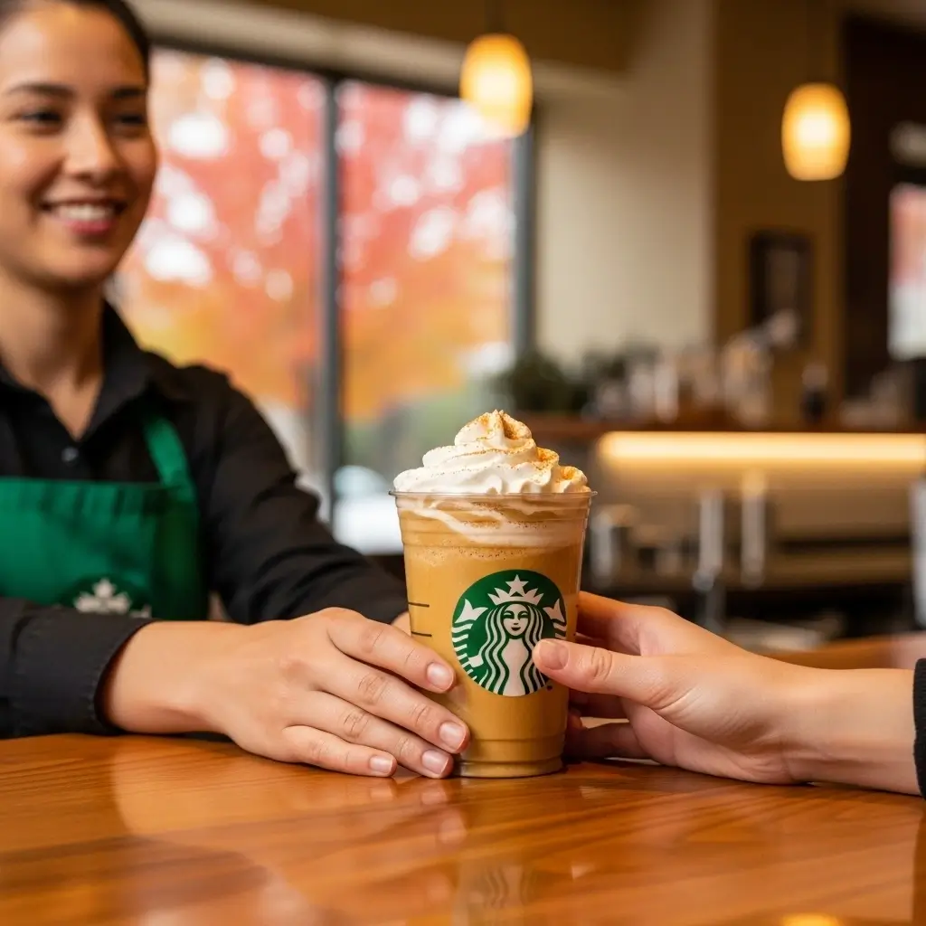 Starbucks barista serving a pumpkin spice latte to a customer in a cozy café