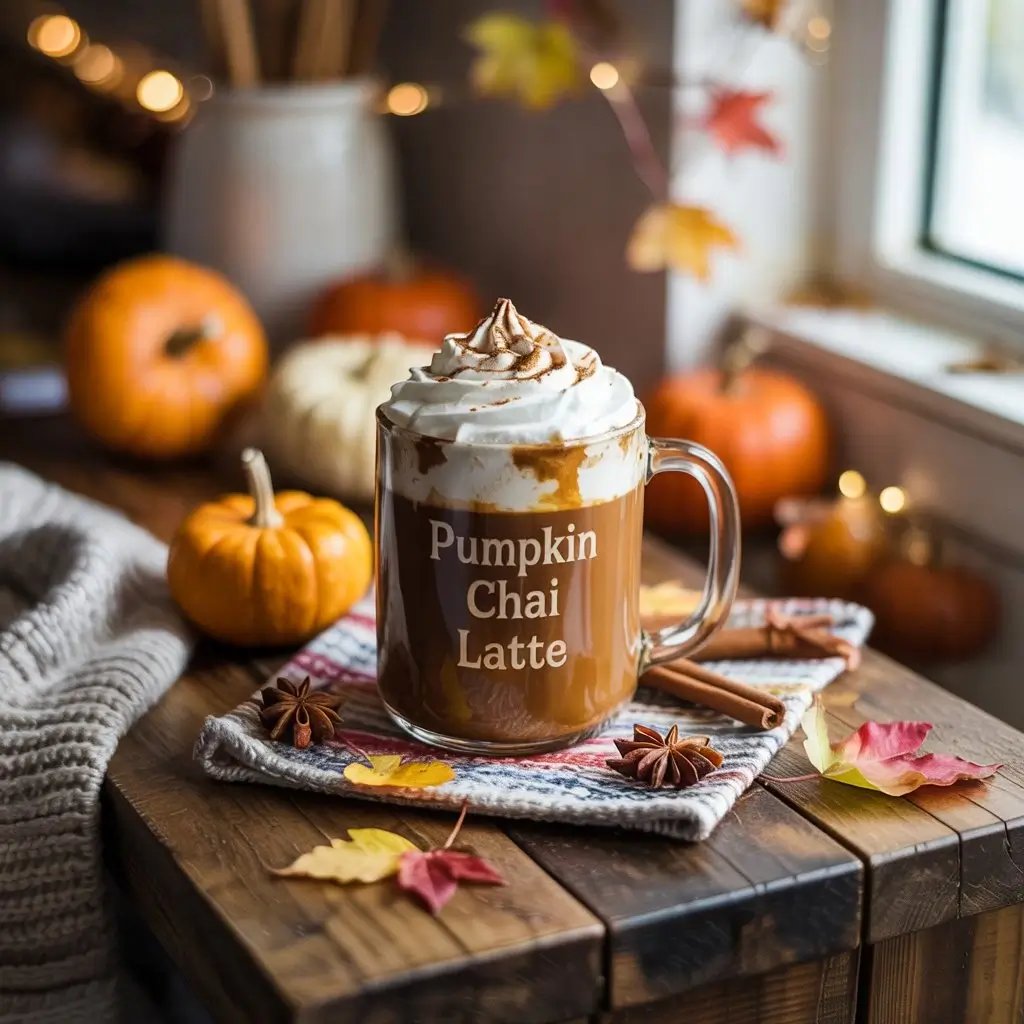 Homemade pumpkin chai latte with whipped cream, spices, and autumn décor on a kitchen counter