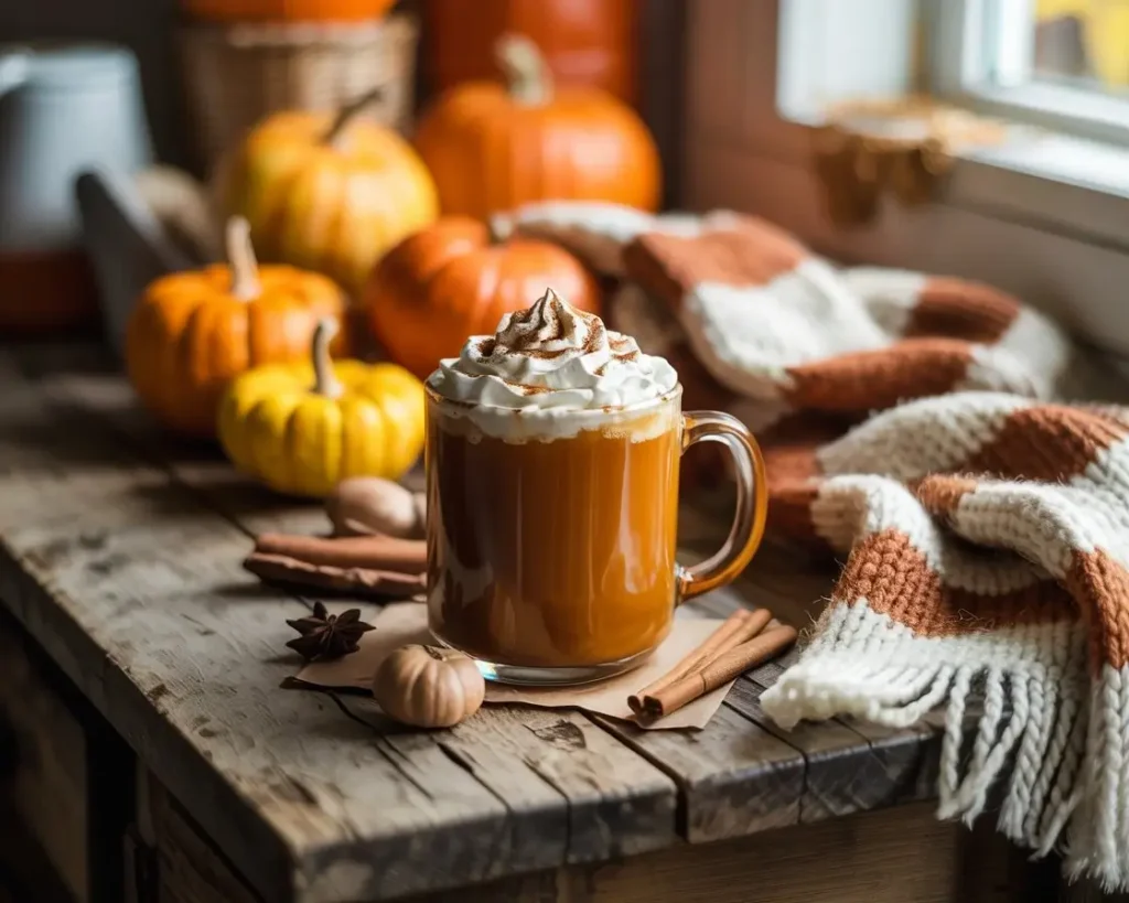 Freshly brewed pumpkin spice coffee with whipped cream and autumn décor on a rustic table
