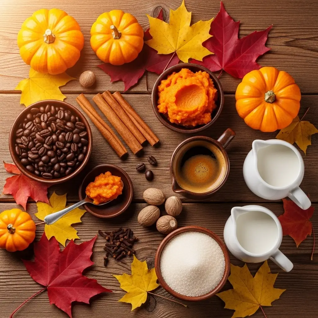 Flat-lay of ingredients for pumpkin spice coffee with pumpkins and autumn décor