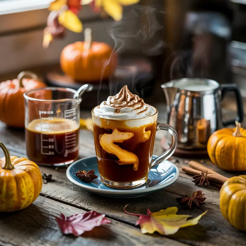 Step-by-step preparation of pumpkin spice coffee with autumn décor on a wooden counter