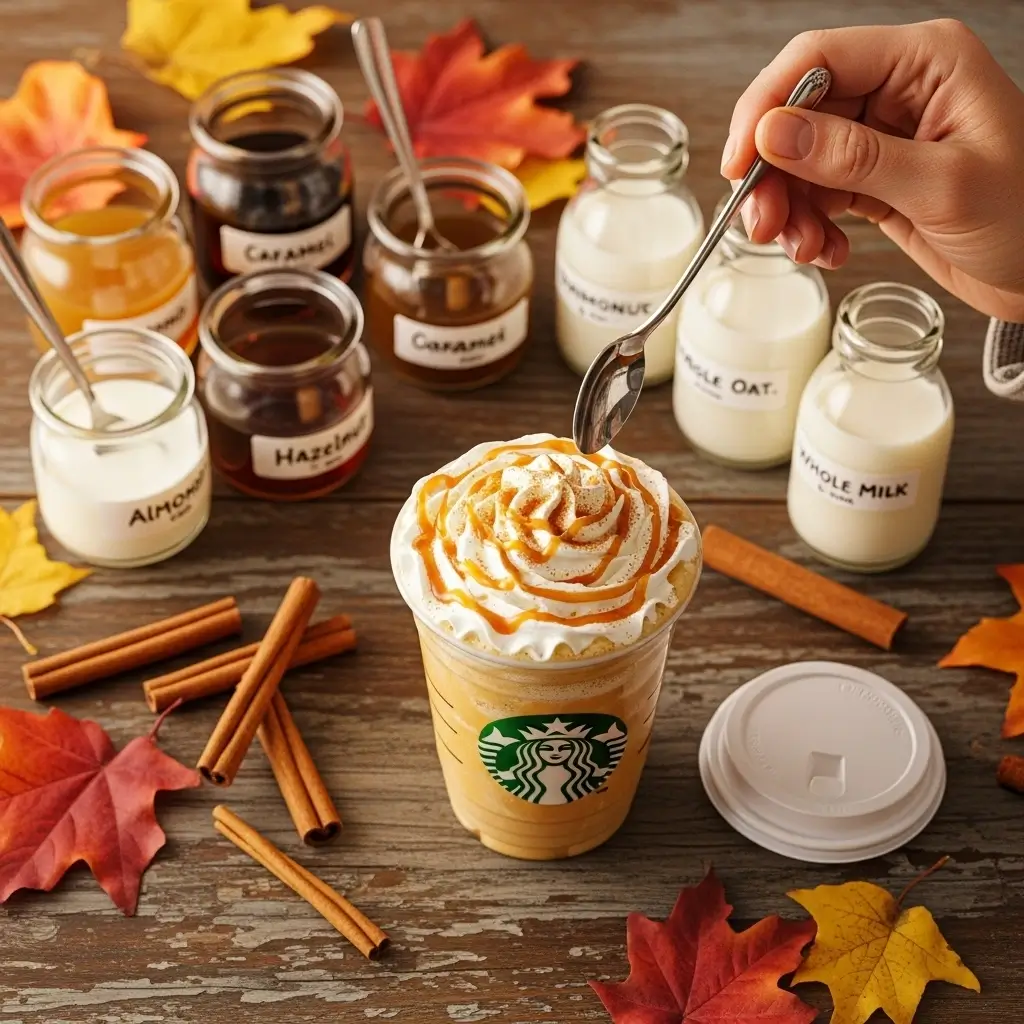 Pumpkin spice latte with customization options and barista tools on a wooden table