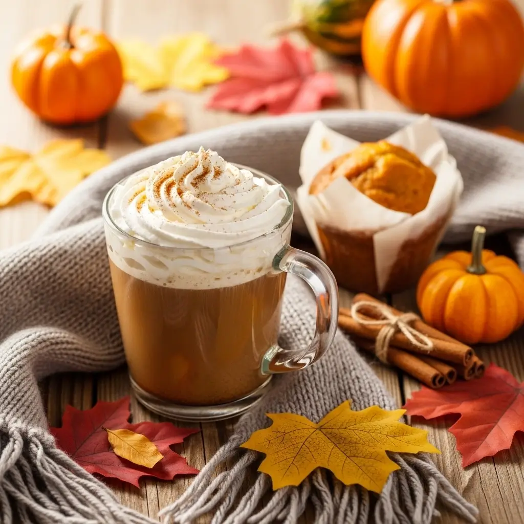 Pumpkin spice coffee paired with a pumpkin muffin and autumn décor on a rustic table.