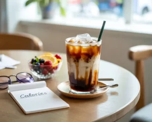 Starbucks iced coffee with cold foam and a notepad about calories on a café table.