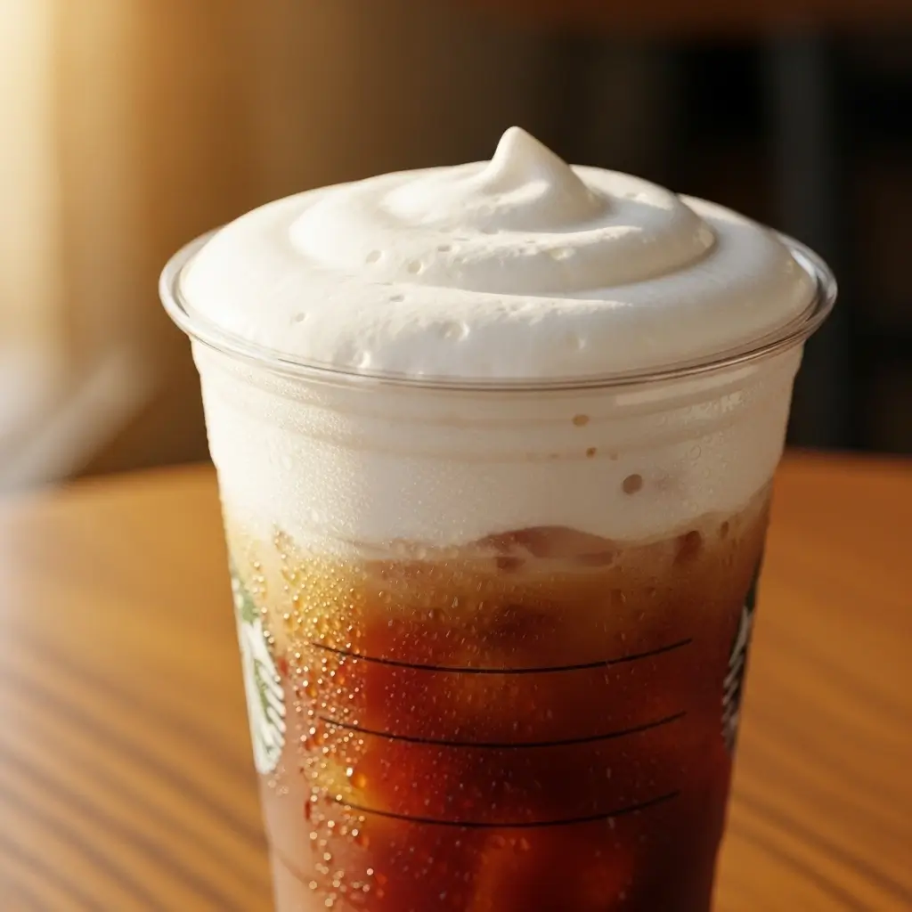 Close-up of Starbucks-style cold foam on top of iced coffee in a clear cup.