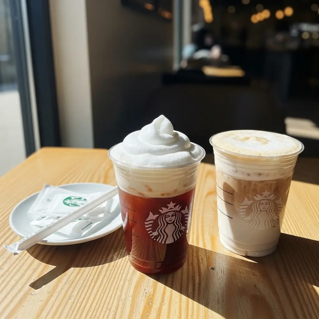 Two Starbucks iced coffees with different amounts of cold foam on a café table.