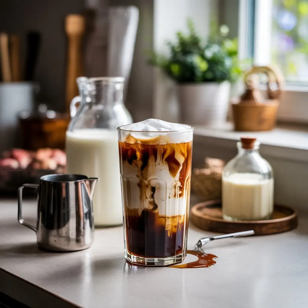 Homemade iced coffee with cold foam made using a handheld frother on a kitchen counter.