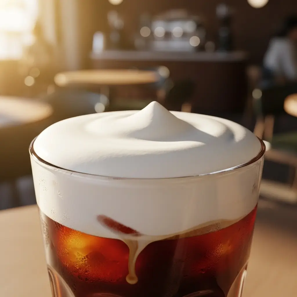 Iced coffee with creamy cold foam in a café setting