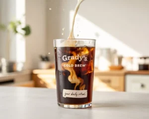 Glass of Grady’s cold brew coffee with milk swirling over ice.