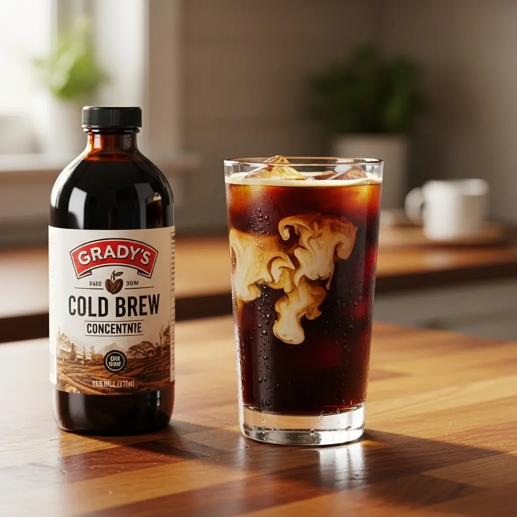 Grady’s Cold Brew bottle beside a glass of iced cold brew with milk swirls.