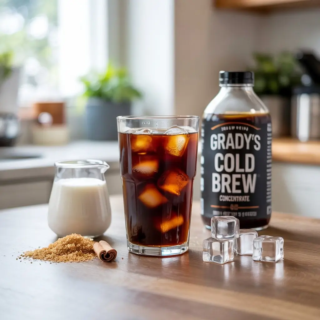 Flat lay of Grady’s Cold Brew drink with ingredients like milk, ice, and cinnamon.