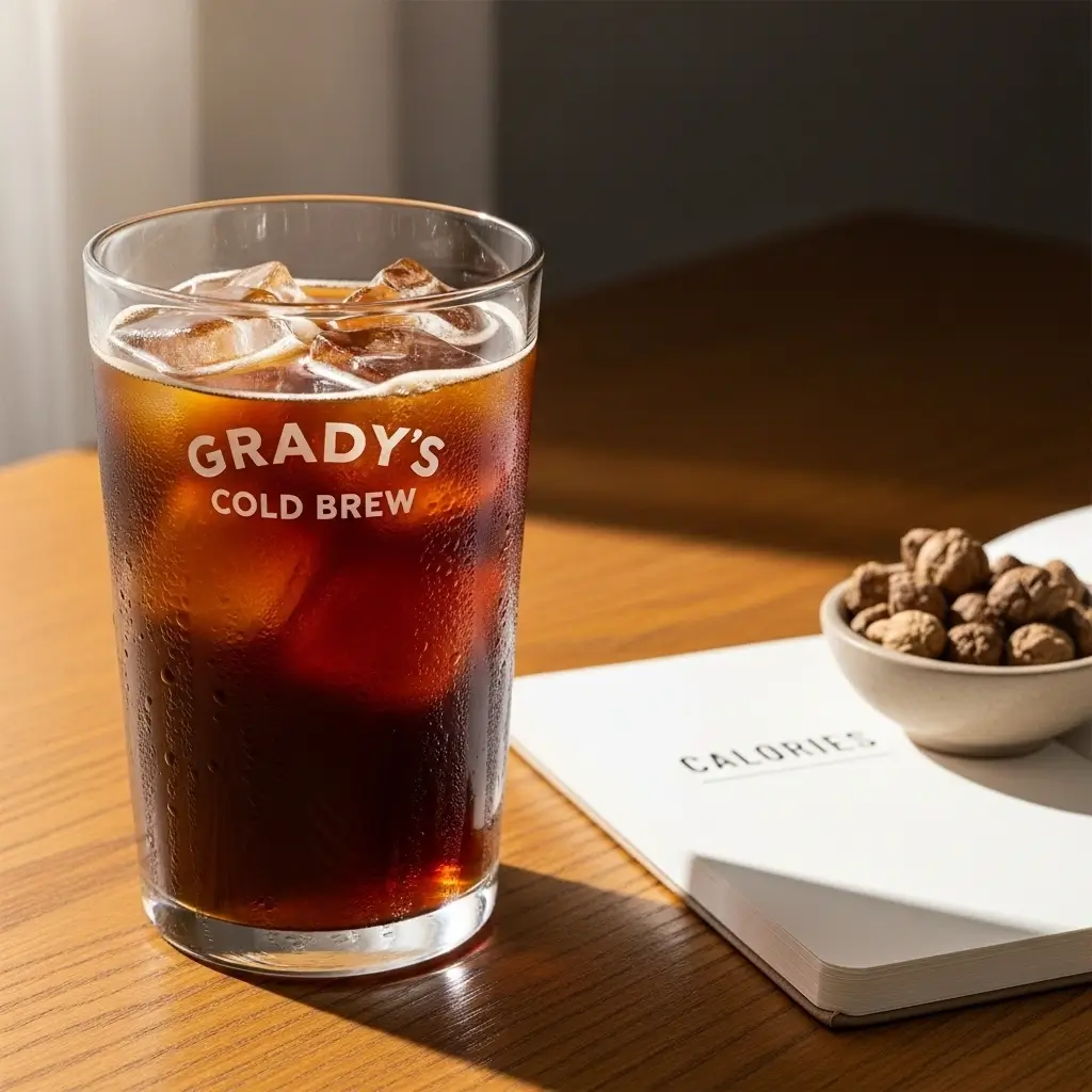 A glass of iced Grady’s Cold Brew with ice cubes and condensation, styled on a wooden table with a calorie journal and chicory root.