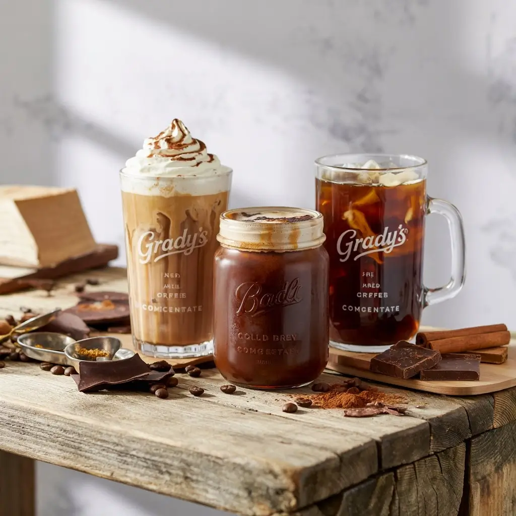 Three creative Grady’s Cold Brew recipe variations including vanilla, mocha, and spiced iced coffee on a rustic table.
