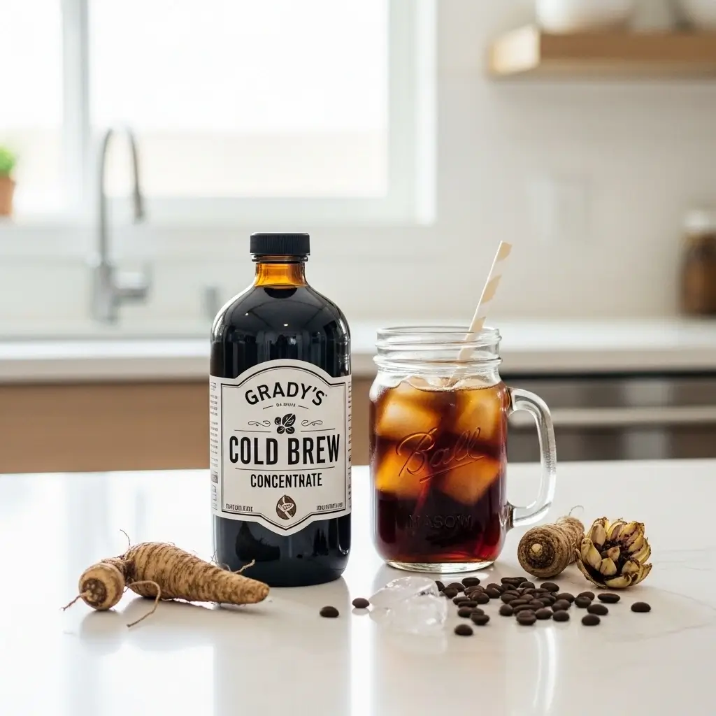 Grady’s Cold Brew bottle with a mason jar of iced coffee on a sunlit kitchen counter.
