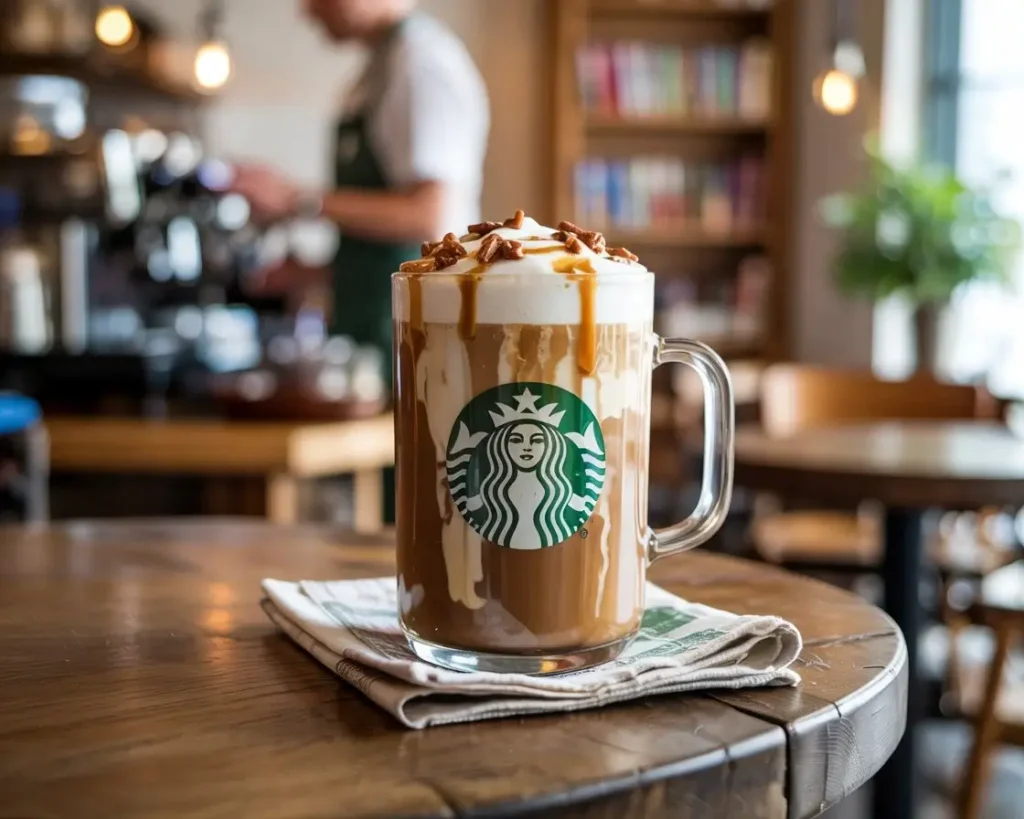 Starbucks-style Pecan Crunch Oatmilk Latte topped with caramel drizzle and pecan crumbles in a glass mug.