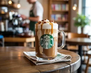 Starbucks-style Pecan Crunch Oatmilk Latte topped with caramel drizzle and pecan crumbles in a glass mug.