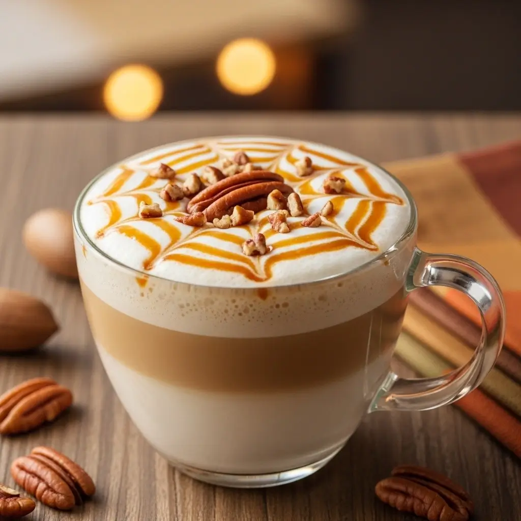 Close-up of a Pecan Crunch Oatmilk Latte with caramel drizzle and pecan crumbles on top.