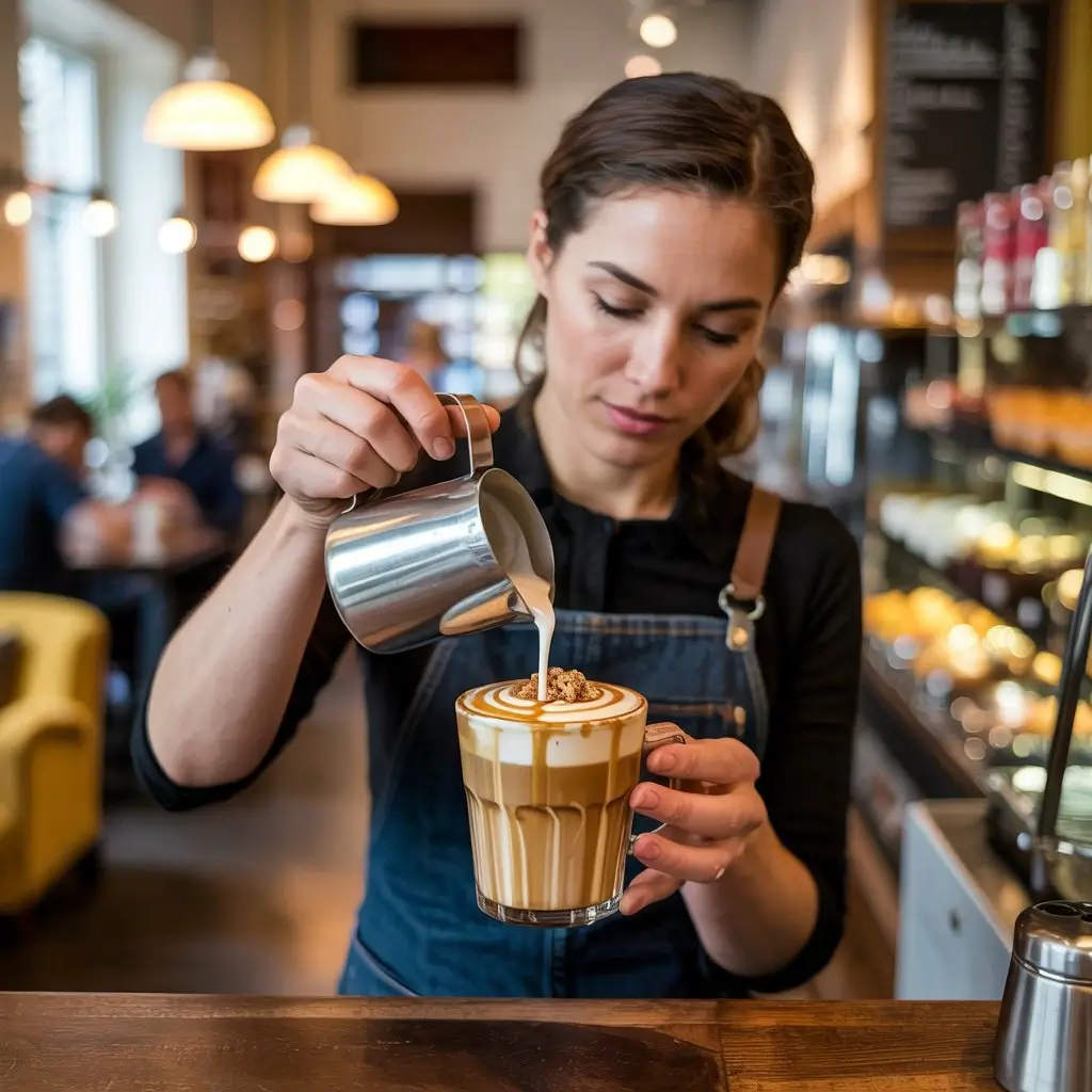 Step-by-step preparation of Starbucks-style drinks with caramel drizzle and pecan topping in a café.