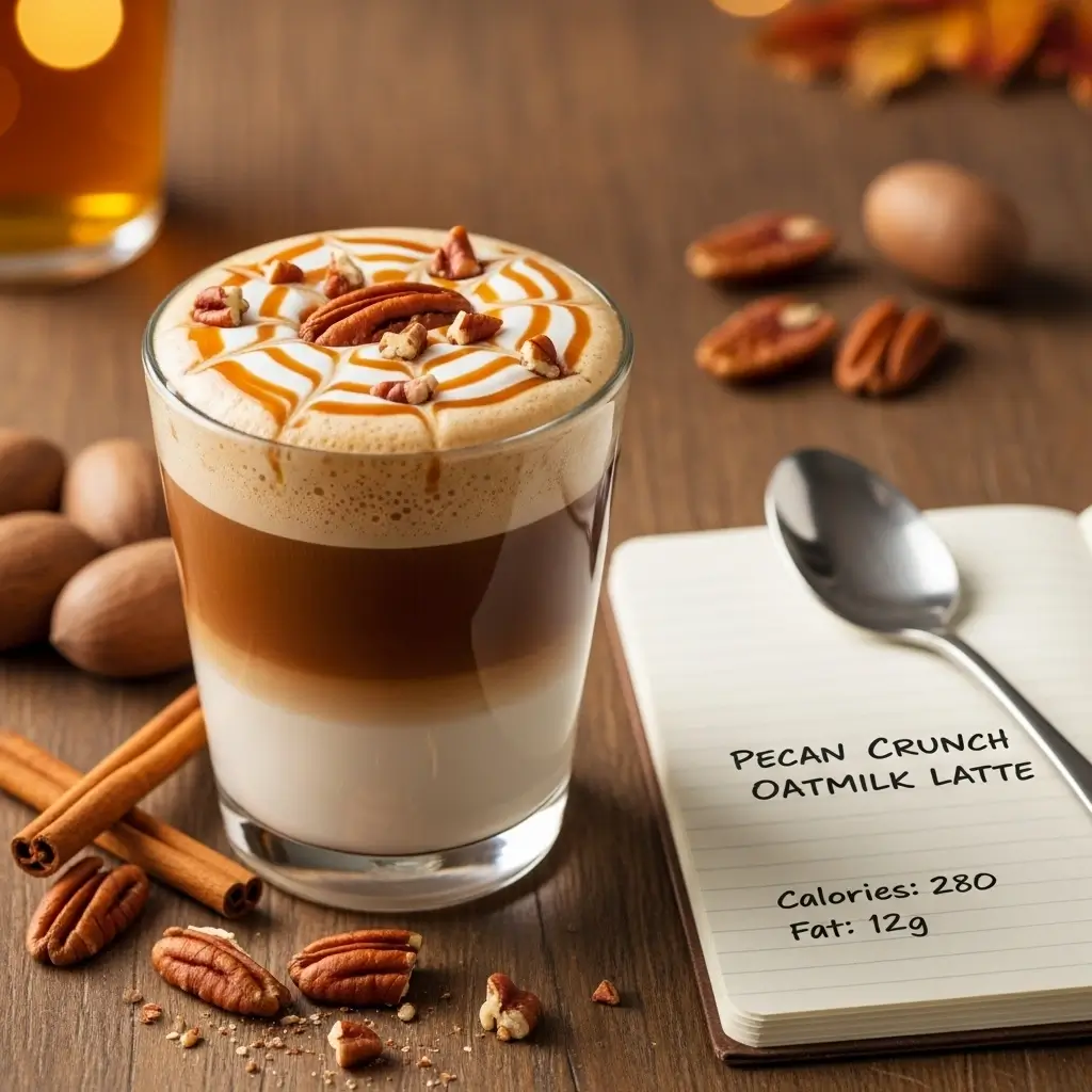 Starbucks Pecan Crunch Oatmilk Latte with caramel drizzle, pecan topping, and a small notepad showing calorie information.