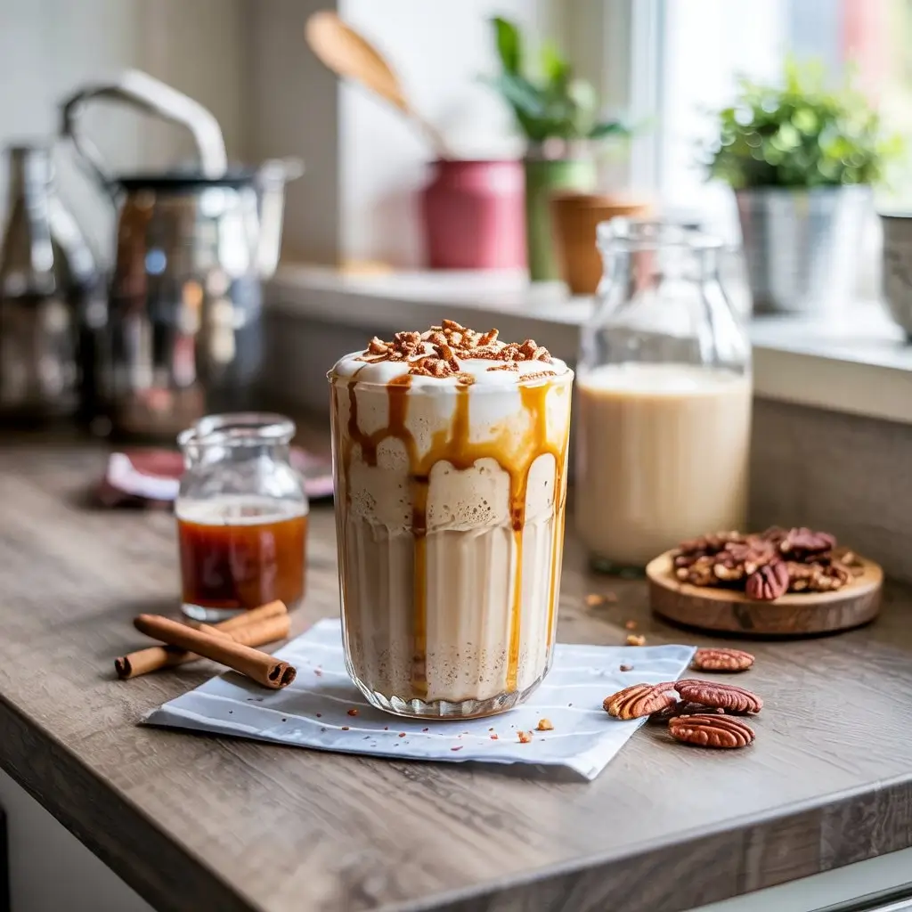 Homemade Starbucks-style Pecan Crunch Oatmilk Latte with caramel drizzle and pecan crumble on a kitchen counter.