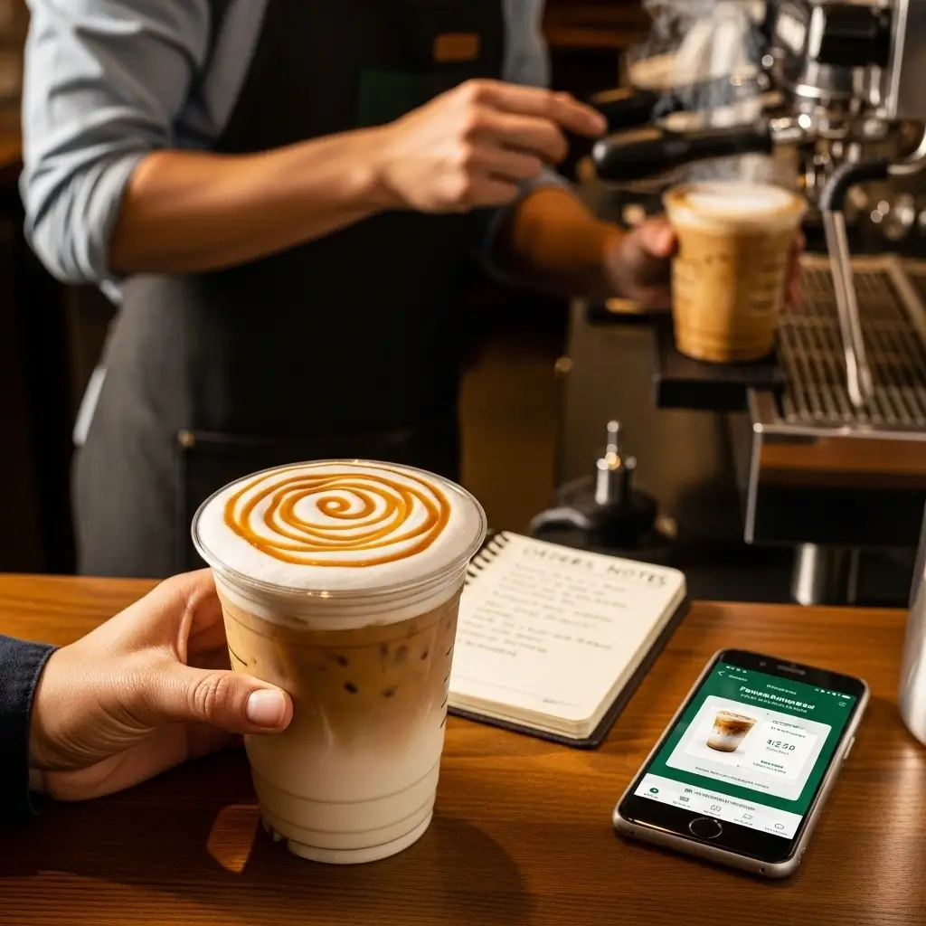 Hand holding a Starbucks-style drink with caramel drizzle while a barista prepares coffee in the background, with a notebook and phone nearby.